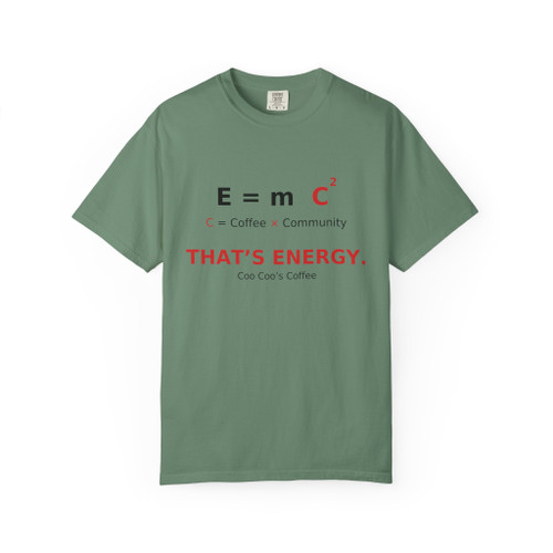 THAT’S ENERGY tee in Light Green — sage calm, clean equation print — Coo Coo’s Coffee.