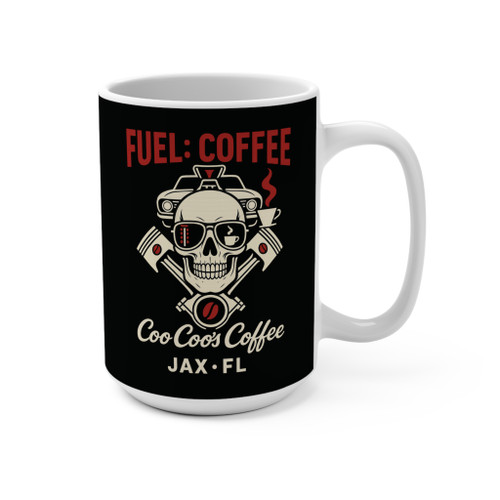 Fuel: Coffee JAX skull engine coffee mug – front view on black background, 15oz.