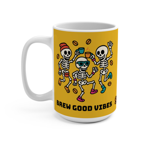 Front view of Brew Good Vibes skeletons mug with three skeletons dancing and coffee beans flying.
