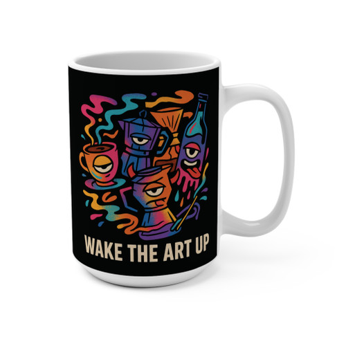 15oz black “Wake the Art Up” coffee mug with neon coffee equipment illustration by Coo Coo’s Coffee