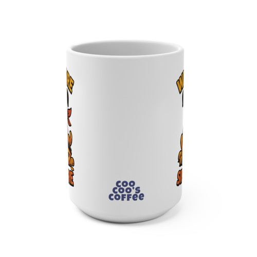 Back view of Wag More Sip More mug showing Coo Coo's Coffee logo between the artwork