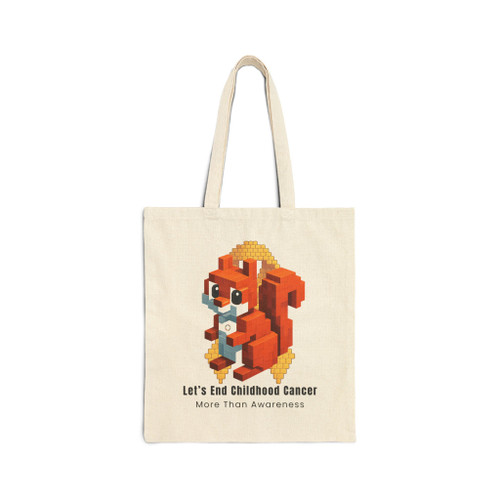 Brick by Brick – End Childhood Cancer canvas tote (Jaxen Edition) with pixel squirrel graphic and “Let’s End Childhood Cancer — More Than Awareness” text — 15×16 — Coo Coo’s Coffee