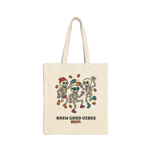 Brew Good Vibes dancing skeletons canvas tote — Halloween coffee beans design — 15×16 cotton — Coo Coo’s Coffee