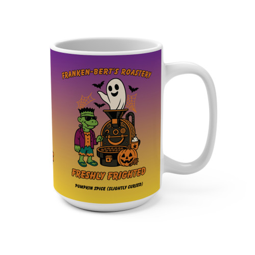 Franken-Bert’s Roastery 15oz Halloween coffee mug with Franken gecko, ghost and pumpkin roaster on purple-to-orange gradient background