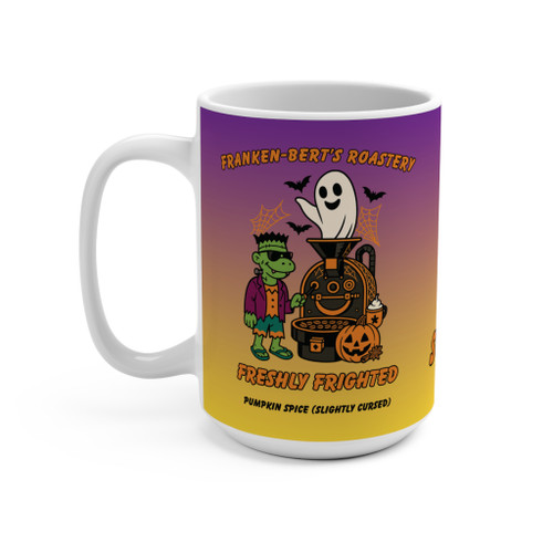 Close-up of Franken-Bert’s Roastery mug highlighting Franken gecko, ghost and pumpkin spice coffee art
