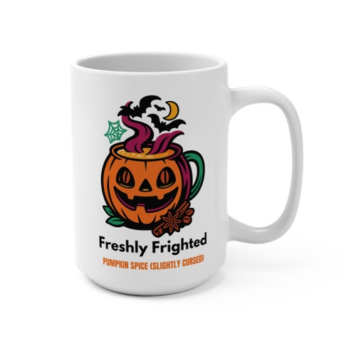 Freshly Frighted pumpkin spice Halloween coffee mug with jack-o’-lantern cauldron art – front view, 15 oz white ceramic.