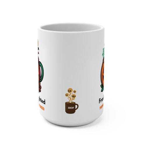 Freshly Frighted Halloween mug showing wraparound pumpkin cauldron and spooky steam design on white ceramic.