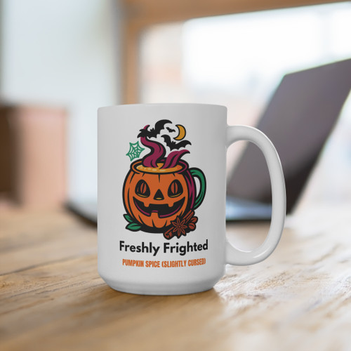 Back of Freshly Frighted pumpkin spice coffee mug with small coffee cup and spooky accent graphics.
