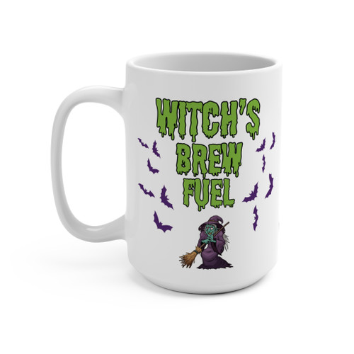 Back of Witch’s Brew Fuel mug showing Boo Crew slime text with bats on white ceramic.