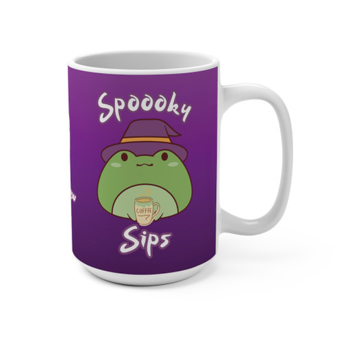 Spooky Sips Halloween mug with cute green frog in witch hat holding a latte on purple background