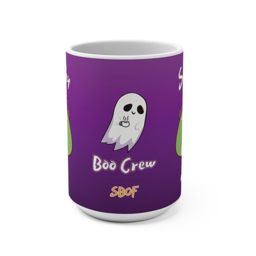 Wraparound view of Spooky Sips Boo Crew Halloween coffee mug showing frog and ghost art