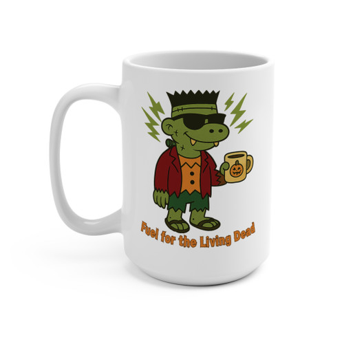 FrankenBrew Bert Frankenstein coffee mug with Fuel for the Living Dead design on a white 15oz mug.