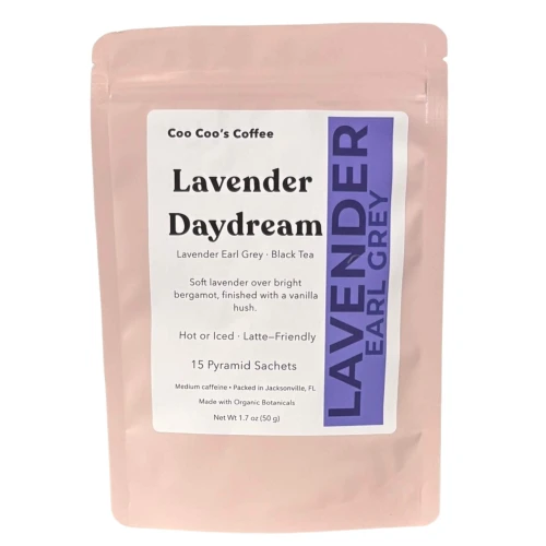 Lavender Daydream — box of pyramid sachets, black tea from Coo Coo’s Coffee