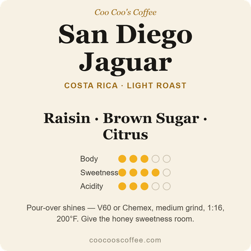 Costa Rica Tarrazú Honey Light Roast, back label
