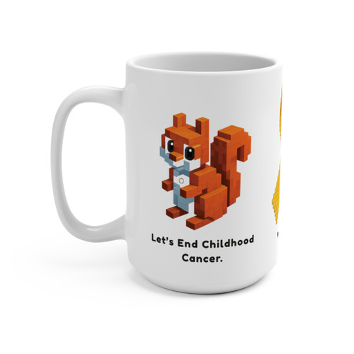 Pixel squirrel holding a small heart on a white mug with the text ‘Let’s End Childhood Cancer.’ below.