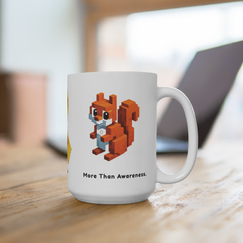For Every Kid childhood cancer awareness mug with pixel squirrel on a wooden table in a softly lit workspace.