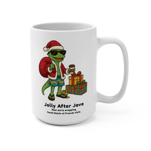 White 15 oz ceramic mug with tired cartoon gecko in a Santa hat surrounded by gift wrap and text ‘40 hours of wrapping, 0 hours of brewing