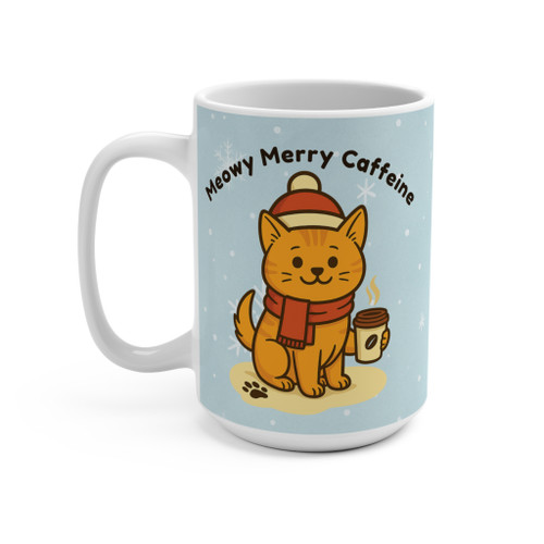 Meowy Merry Caffeine kitty mug showing front design with curved “Meowy Merry Caffeine” text above the smiling winter cat and steaming mug.