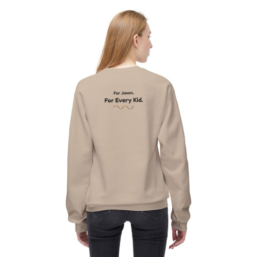 Model showing back of bravery beads crewneck with For Jaxen For Every Kid text