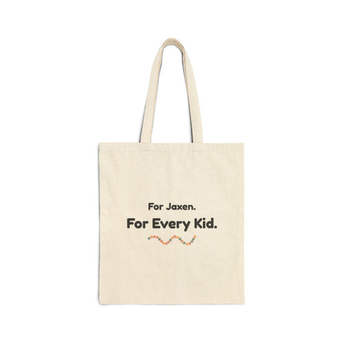 Natural cotton tote bag with “For Jaxen. For Every Kid.” bead wave design, back view