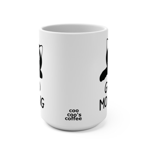 “Cute cat face design on Good Morning kitty mug, coo coo;s coffee side view
