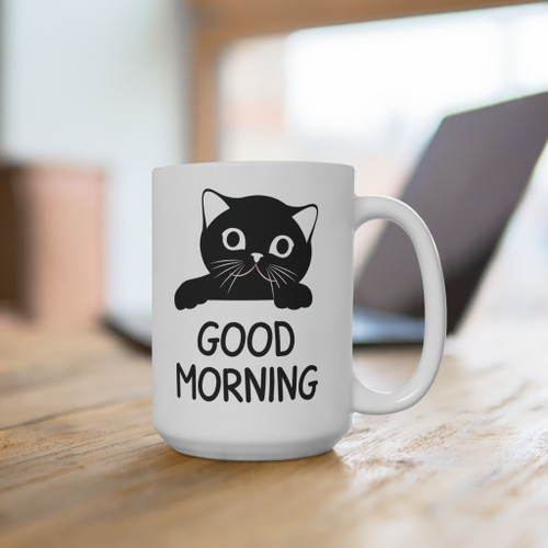 Cute kitty mug on breakfast table – Good Morning cat coffee cup