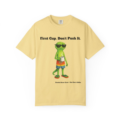 First Cup Don't Push It tee - Bert the gecko standing in sunglasses board shorts and flip flops holding coffee cup - front print on mint green ring-spun cotton by Coo Coos Coffee Florida Brew Crew