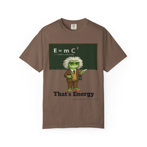 Al Bert-stein tee - Einstein Bert the gecko at chalkboard with E equals mC squared where C is Coffee times Community - front print on gold ring-spun cotton by Coo Coos Coffee Florida Brew Crew
