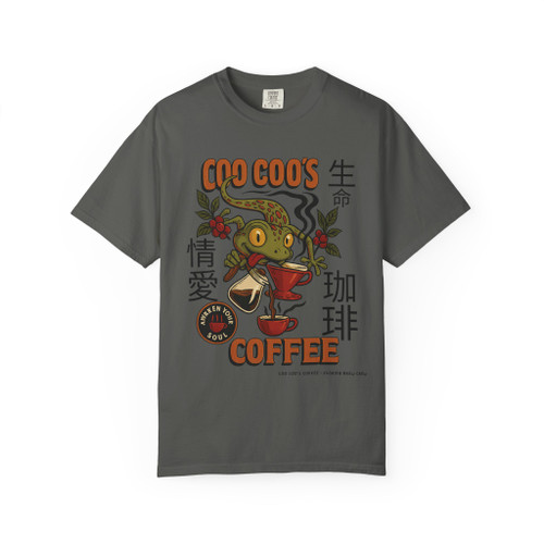 Awaken Your Soul tee - Bert the gecko with pour-over coffee surrounded by Japanese kanji for life coffee and passion with coffee cherries - front print on white ring-spun cotton by Coo Coos Coffee Florida Brew Crew