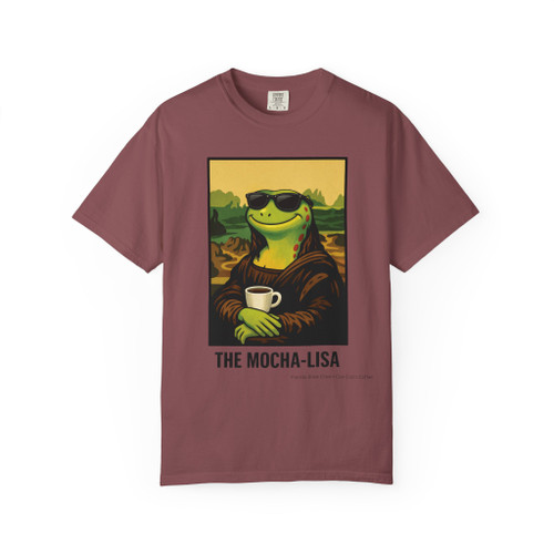 The Mocha-Lisa tee - Bert the gecko as the Mona Lisa with sunglasses holding coffee cup in Renaissance portrait style - front print on brick ring-spun cotton by Coo Coos Coffee Florida Brew Crew