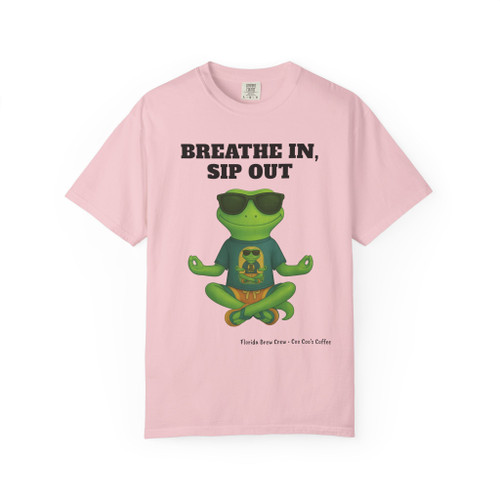 Breathe In Sip Out tee - meditation Bert the gecko in lotus pose with sunglasses wearing a recursive Bert shirt - front print on light pink ring-spun cotton by Coo Coos Coffee Florida Brew Crew
