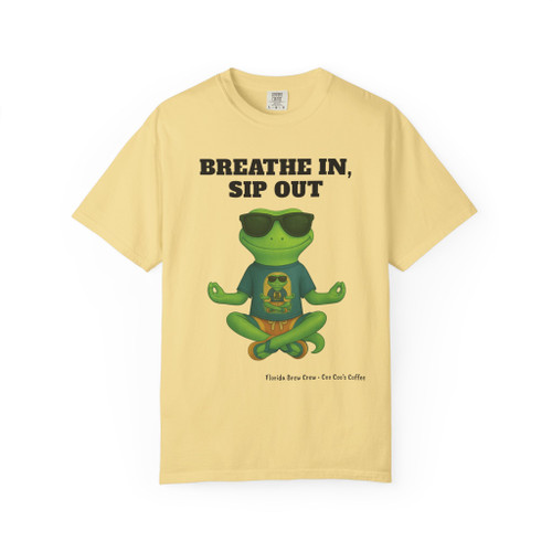 Breathe In Sip Out tee - meditation Bert the gecko in lotus pose with sunglasses wearing a recursive Bert shirt - front print on light pink ring-spun cotton by Coo Coos Coffee Florida Brew Crew