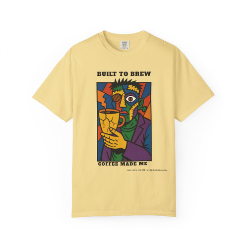 Built to Brew Coffee Made Me tee - cubist portrait of Bert the gecko holding coffee in bold color-block style - front print on butter yellow ring-spun cotton by Coo Coos Coffee Florida Brew Crew