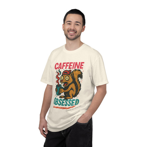 Caffeine Obsessed tee - wild-eyed squirrel clutching coffee cup with wide eyes and bushy tail - front print on white ring-spun cotton by Coo Coos Coffee Florida Brew Crew