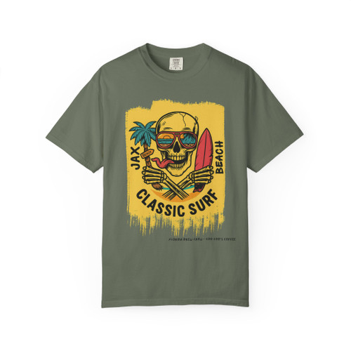 Classic Surf Jax Beach tee - colorful surf skull with sunglasses crossed surfboards and palm tree on gold paint splash - front print on black ring-spun cotton by Coo Coos Coffee Florida Brew Crew