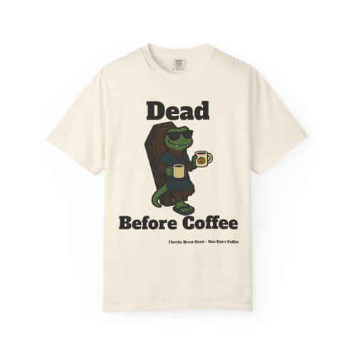 Dead Before Coffee Halloween tee - Bert the gecko climbing out of coffin holding coffee mug - front print on burnt orange ring-spun cotton by Coo Coos Coffee Florida Brew Crew