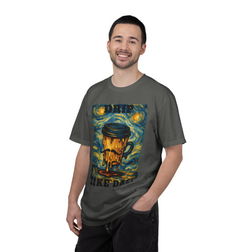 Drip Like Dali tee - surreal melting coffee cup dripping against Starry Night style swirling sky - front print on moss green ring-spun cotton by Coo Coos Coffee Florida Brew Crew