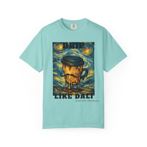 Drip Like Dali tee - surreal melting coffee cup dripping against Starry Night style swirling sky - front print on moss green ring-spun cotton by Coo Coos Coffee Florida Brew Crew