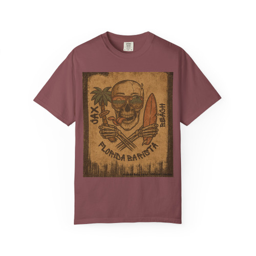 Florida Barista Jax Beach tee - vintage distressed poster with skull in sunglasses crossed portafilters palm tree and surfboard - front print on brick ring-spun cotton by Coo Coos Coffee Jacksonville Florida