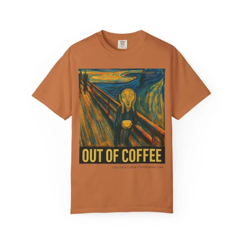 Out of Coffee tee - The Scream painting reimagined with figure holding empty coffee cup and Out of Coffee text - front print on grey ring-spun cotton by Coo Coos Coffee Florida Brew Crew