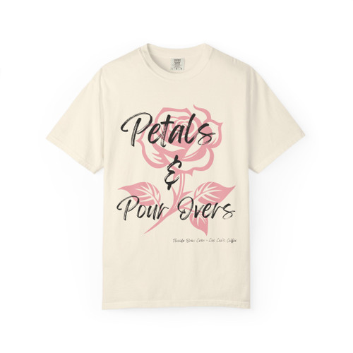 Petals and Pour Overs tee - pink rose with flowing script typography on cream ring-spun cotton by Coo Coos Coffee Florida Brew Crew