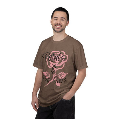 Petals and Pour Overs tee - pink rose with flowing script typography on cream ring-spun cotton by Coo Coos Coffee Florida Brew Crew
