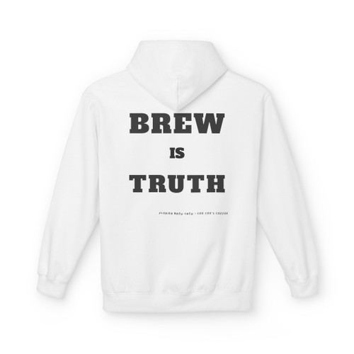 Brew Is Truth hoodie - bold black typography back print on light blue midweight fleece pullover by Coo Coos Coffee Florida Brew Crew