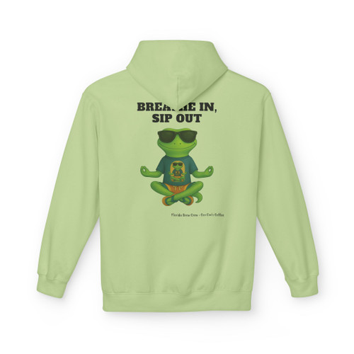Breathe In Sip Out hoodie - Zen Bert the gecko in lotus meditation pose wearing sunglasses and Coo Coos Coffee tee - back print on pistachio fleece pullover by Coo Coos Coffee Florida Brew Crew