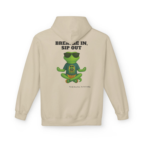 Breathe In Sip Out hoodie - Zen Bert the gecko in lotus meditation pose wearing sunglasses and Coo Coos Coffee tee - back print on pistachio fleece pullover by Coo Coos Coffee Florida Brew Crew