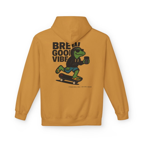 Brew Good Vibes Skate hoodie - Bert the gecko riding skateboard holding coffee with Brew Good Vibes text - back print on gold fleece pullover by Coo Coos Coffee Florida Brew Crew