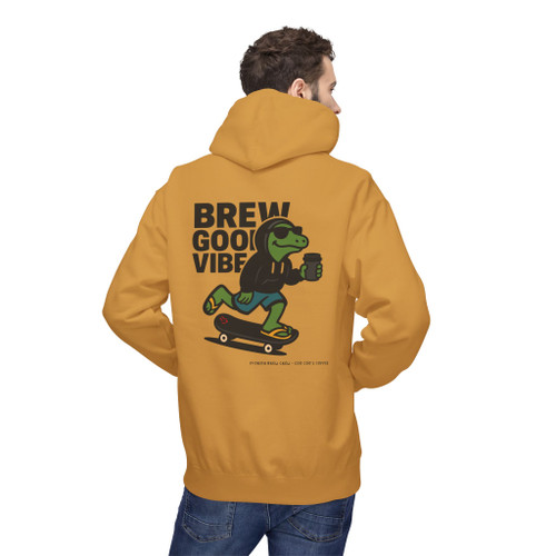 Brew Good Vibes Skate hoodie - Bert the gecko riding skateboard holding coffee with Brew Good Vibes text - back print on gold fleece pullover by Coo Coos Coffee Florida Brew Crew