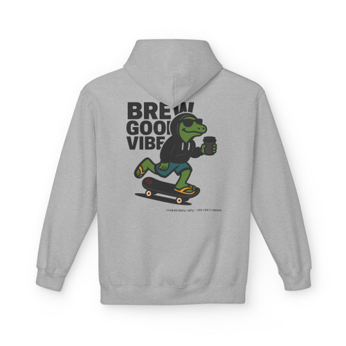 Brew Good Vibes Skate hoodie - Bert the gecko riding skateboard holding coffee with Brew Good Vibes text - back print on gold fleece pullover by Coo Coos Coffee Florida Brew Crew
