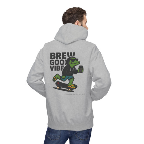 Brew Good Vibes Skate hoodie - Bert the gecko riding skateboard holding coffee with Brew Good Vibes text - back print on gold fleece pullover by Coo Coos Coffee Florida Brew Crew