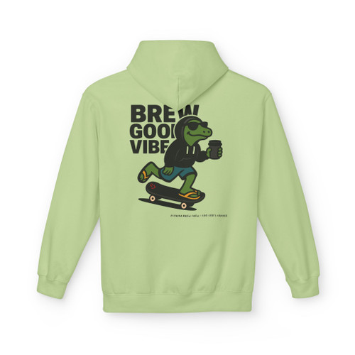 Brew Good Vibes Skate hoodie - Bert the gecko riding skateboard holding coffee with Brew Good Vibes text - back print on gold fleece pullover by Coo Coos Coffee Florida Brew Crew